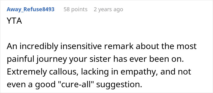 Comment discussing a baby-mad woman struggling to conceive and reacting emotionally to her sister's adoption suggestion.
