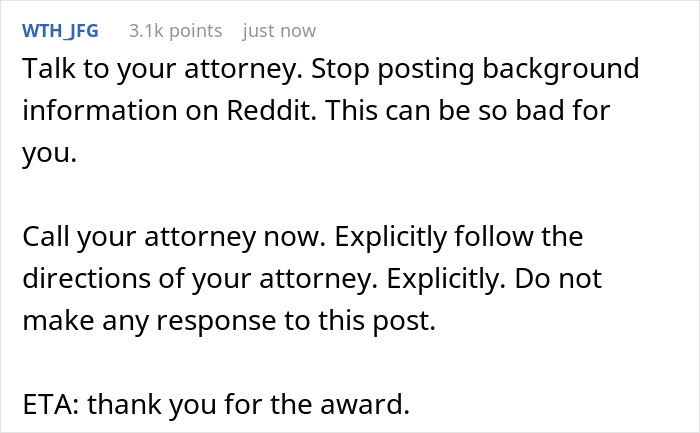 Reddit user advising to call an attorney and avoid sharing custody background information online to prevent issues. Reddit user advising to call an attorney and avoid sharing custody background information online to prevent issues.