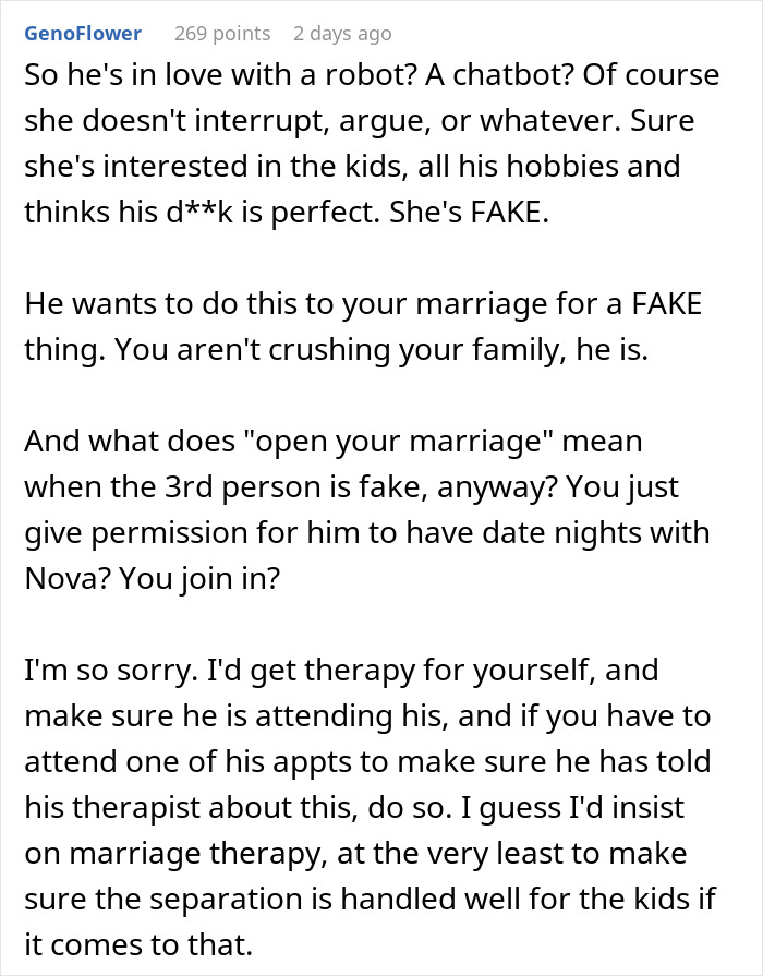 Alt text: Woman questions marriage after husband falls in love with an AI girlfriend, seeking advice on therapy and separation. Alt text: Woman questions marriage after husband falls in love with an AI girlfriend, seeking advice on therapy and separation.