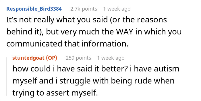Reddit comments where a user with autism explains struggling to assert themselves, discussing concerns about safety and family response. - 19