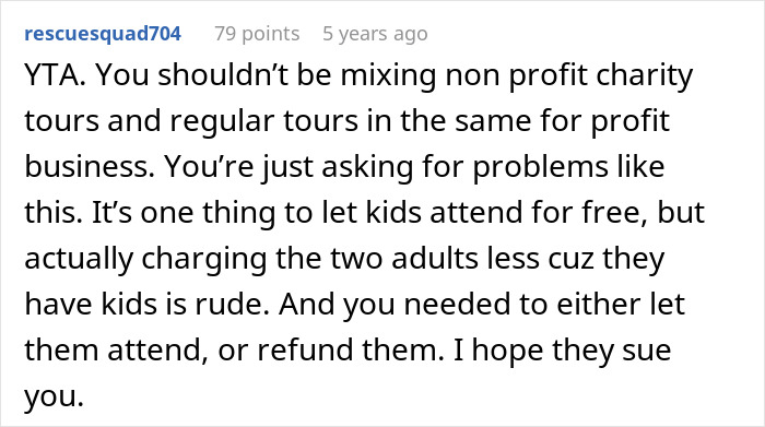Screenshot of an online comment criticizing a tour company for policies that caused backlash from a childfree couple on a family tour. - 37