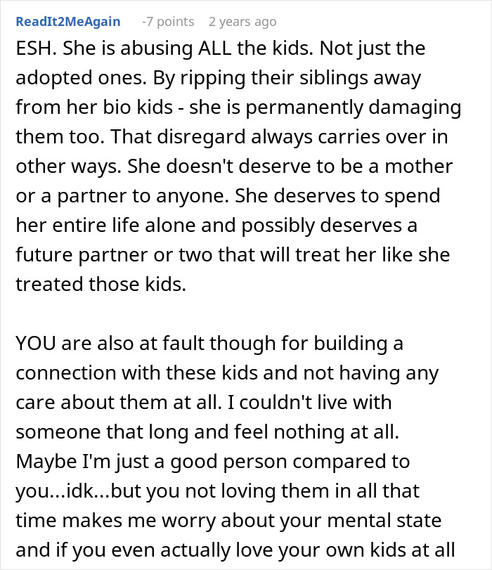 Comment discussing abuse and neglect in a family involving adopted kids during a divorce and custody conflict.