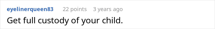 Reddit comment from user eyelinerqueen83 suggesting to get full custody of a child with 22 points and posted 3 years ago. Reddit comment from user eyelinerqueen83 suggesting to get full custody of a child with 22 points and posted 3 years ago.