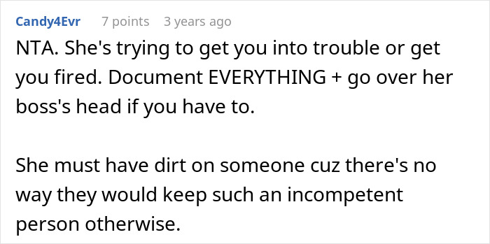 Alt text: Screenshot of online comment warning about incompetent boss spying on coworker and advising to document everything.