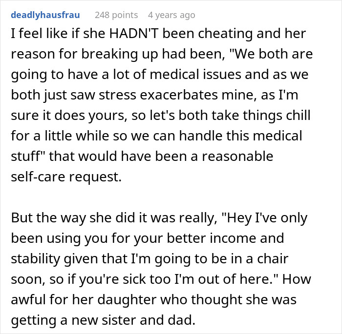 Alt text: Social media comment discussing fiancee leaving partner after cancer diagnosis stress and medical challenges. - 43