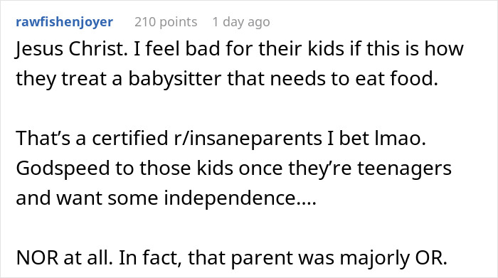 Text post from rawfishenjoyer expressing sympathy for babysitters needing to order doordash while babysitting overreaction. Text post from rawfishenjoyer expressing sympathy for babysitters needing to order doordash while babysitting overreaction.