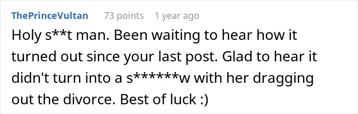 Screenshot of a Reddit comment praising the update about a woman who leaves her husband to find herself and goes on a dream trip alone.