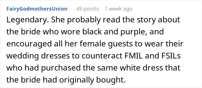 Comment about bride outsmarting attention-seeking mom by choosing a red gown instead of white for the wedding day.