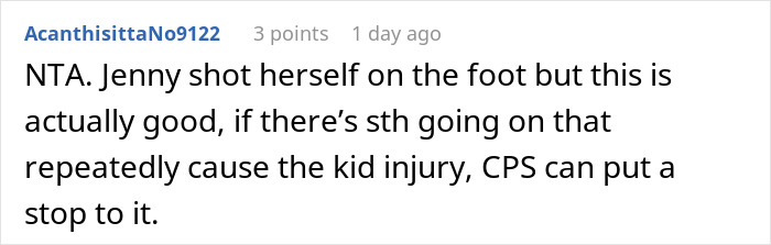 Comment discussing co-parenting conflict and CPS involvement to address concerns over child injury risks.