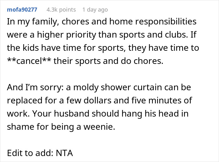 Comment discussing family chores, highlighting a student working mom dealing with family complaints and responsibilities.