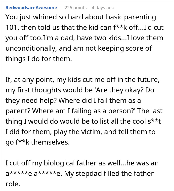 Comment discussing parenting challenges and responses related to generational trauma and family dynamics online. - 31
