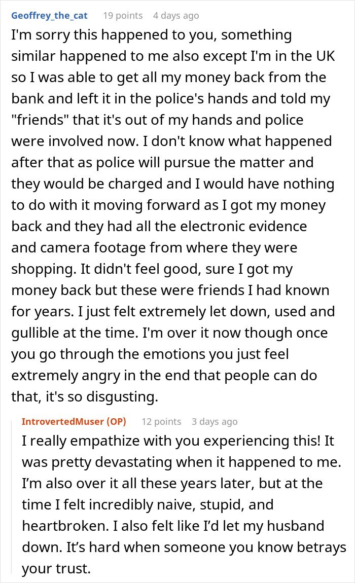 Commenters sharing experiences about betrayal and recovery after a friend’s guest steals from them. - 85