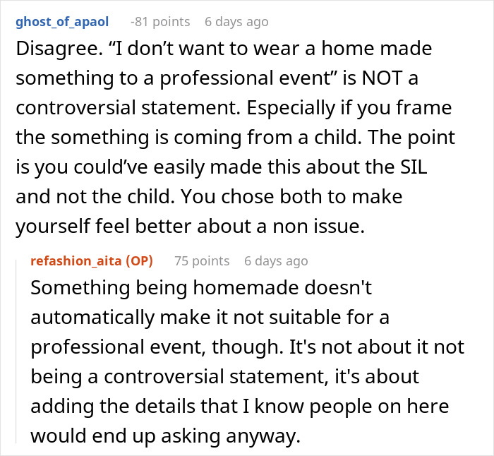 Reddit discussion about a woman refusing to wear niece&rsquo;s handmade dress for a career event, debating professionalism and opinions.