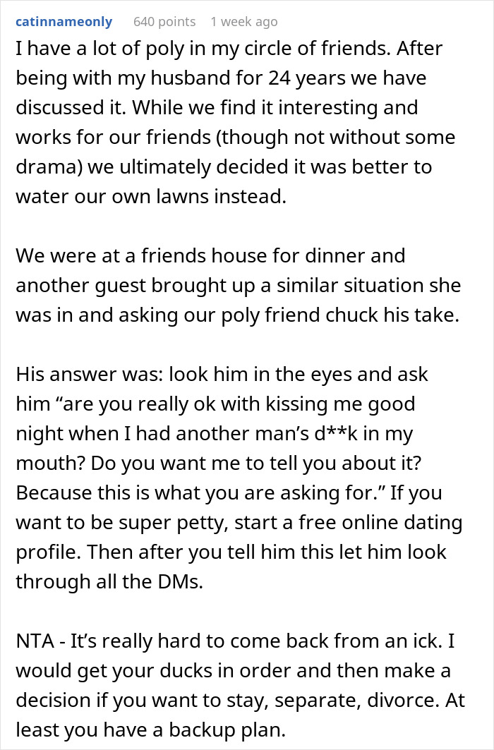 Woman heartbroken after husband suggests trying polyamory in their marriage, feeling conflicted and unsure about relationship future. - 24