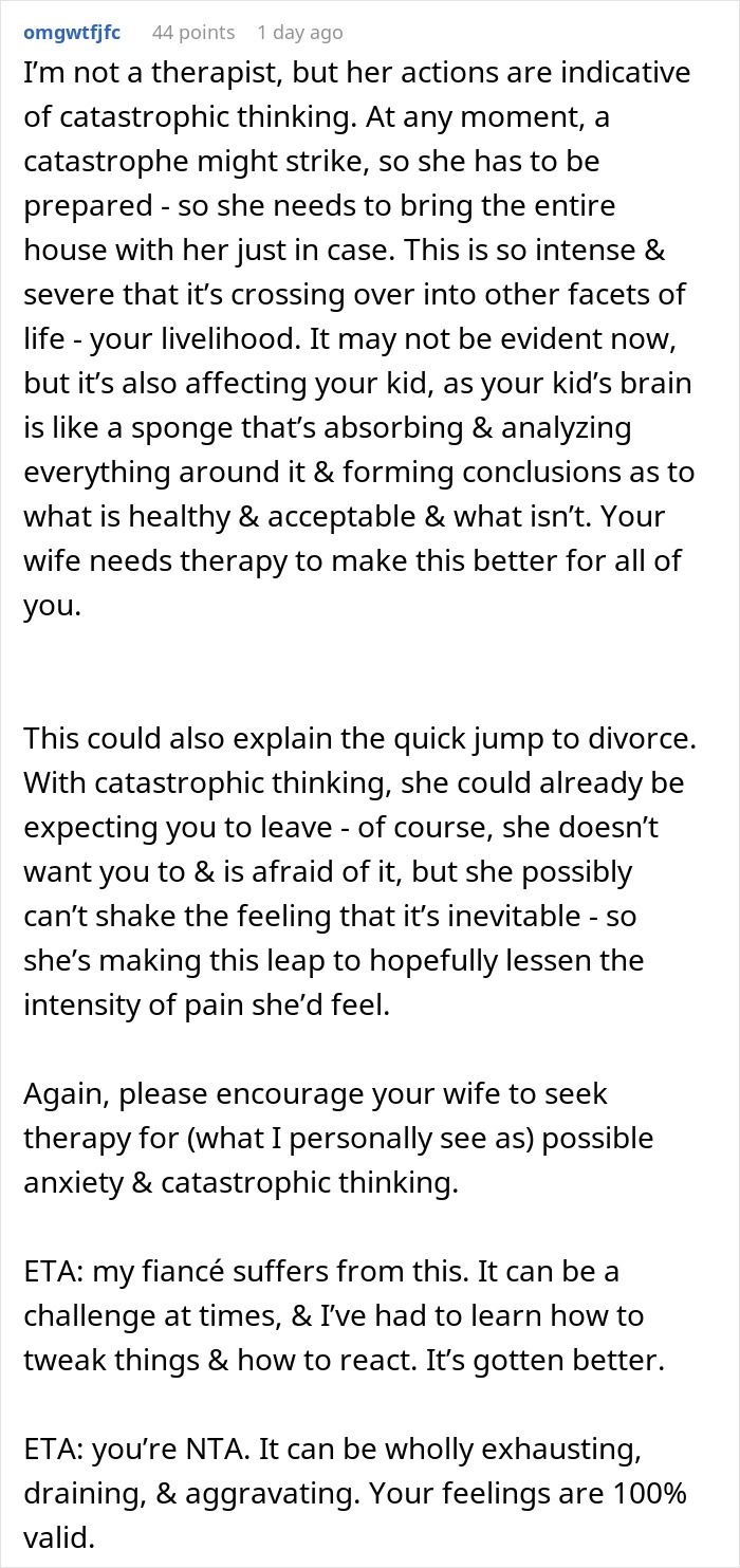 Comment on divorce after husband points out wife's weird quirk that caused traveling difficulties and need for therapy. - 40