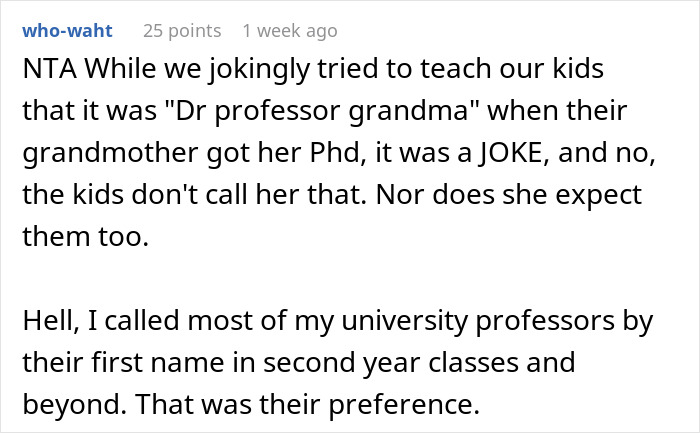 Text conversation screenshot showing a user discussing how their family does not call the aunt with PhD doctor all the time. - 35
