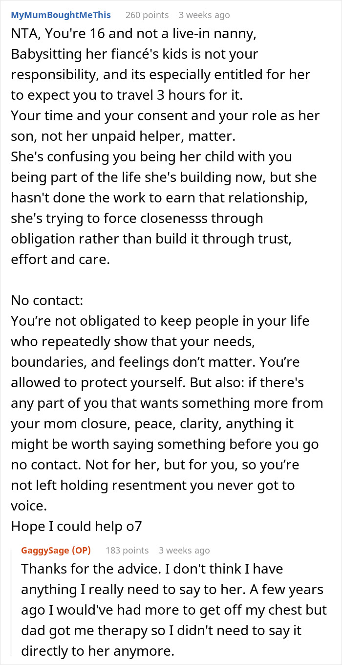 Reddit comment explaining a teen&rsquo;s refusal to babysit fianc&eacute;&rsquo;s kids amid absentee mom&rsquo;s unreasonable expectations.