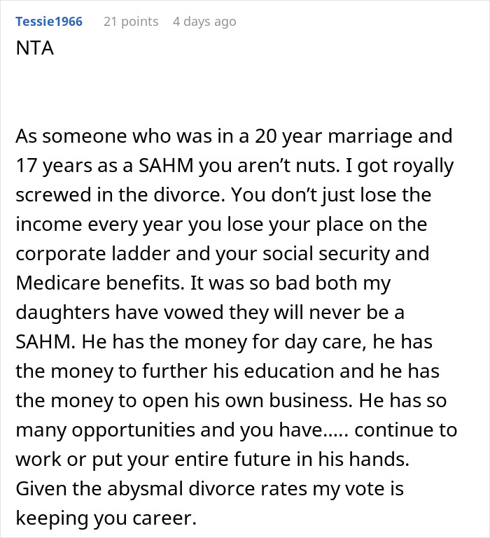 Screenshot of an online comment discussing in-laws demanding a woman quit her job and the impact on careers and marriage. - 52