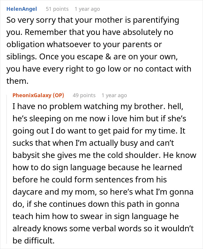 Reddit conversation about teen wanting to get paid for babysitting while mom is furious over a nail appointment.