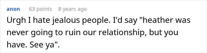 Screenshot of an online comment expressing frustration about jealous people relating to jealous wife spying husband work.