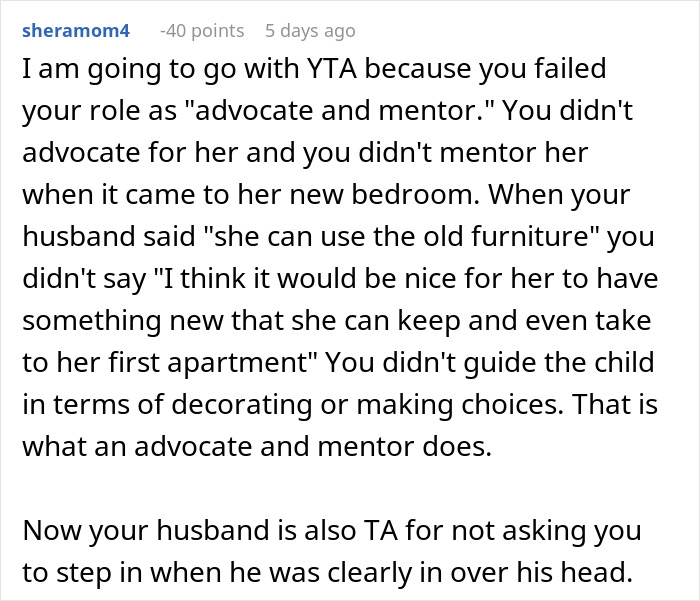 Reddit comment discussing a mom putting more effort into her son's room than her step-daughter’s, highlighting parenting issues. - 40