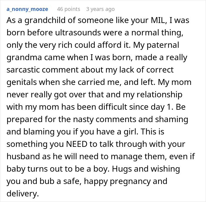 Commenter shares experience with traditional parents pressuring about unborn grandchild’s gender and family tension ensuing. - 21