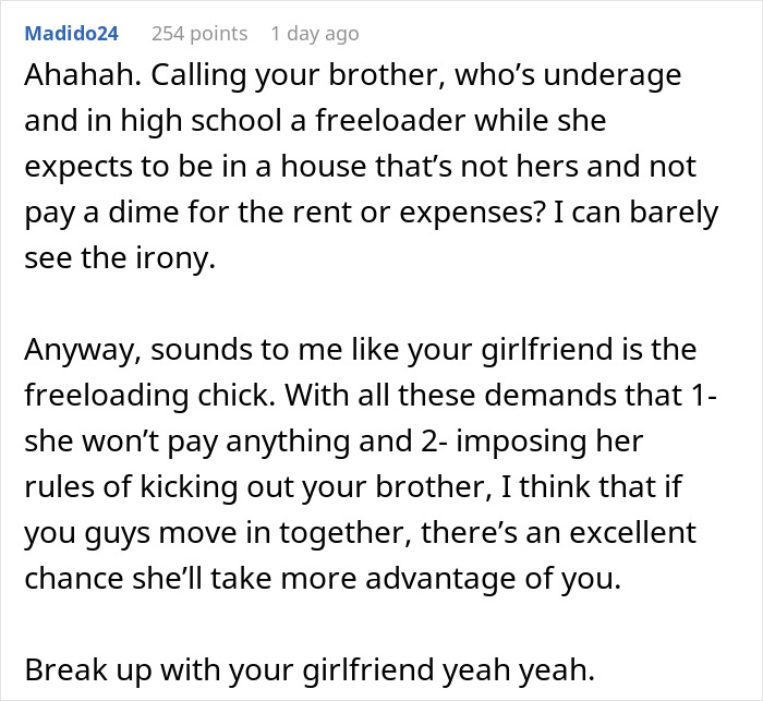 Comment discussing a teen working two jobs after losing parents, unfairly labeled a freeloader by brother’s girlfriend.