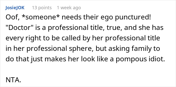 Comment discussing an aunt with PhD expecting family and husband to call her doctor, viewed on a social media platform. - 41