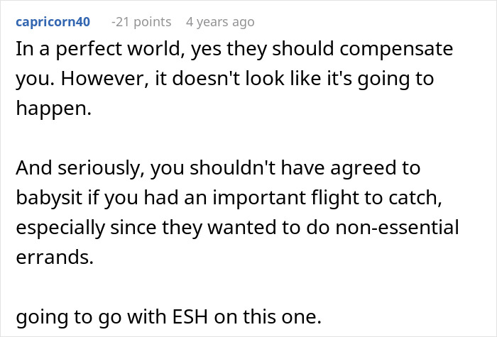 Comment discussing a woman who misses her flight babysitting niece and is denied compensation by parents. - 36