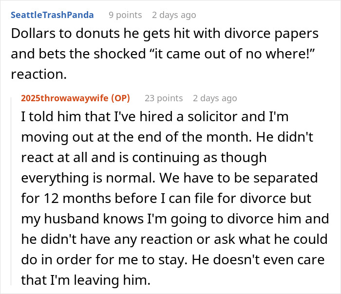 Screenshot of an online discussion where a mom shares her plans to divorce due to her husband&rsquo;s new hobby causing marriage issues.