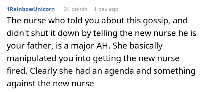 Text comment from Reddit discussing a nurse gossip and the new nurse fired over an affair accusation controversy. Text comment from Reddit discussing a nurse gossip and the new nurse fired over an affair accusation controversy.