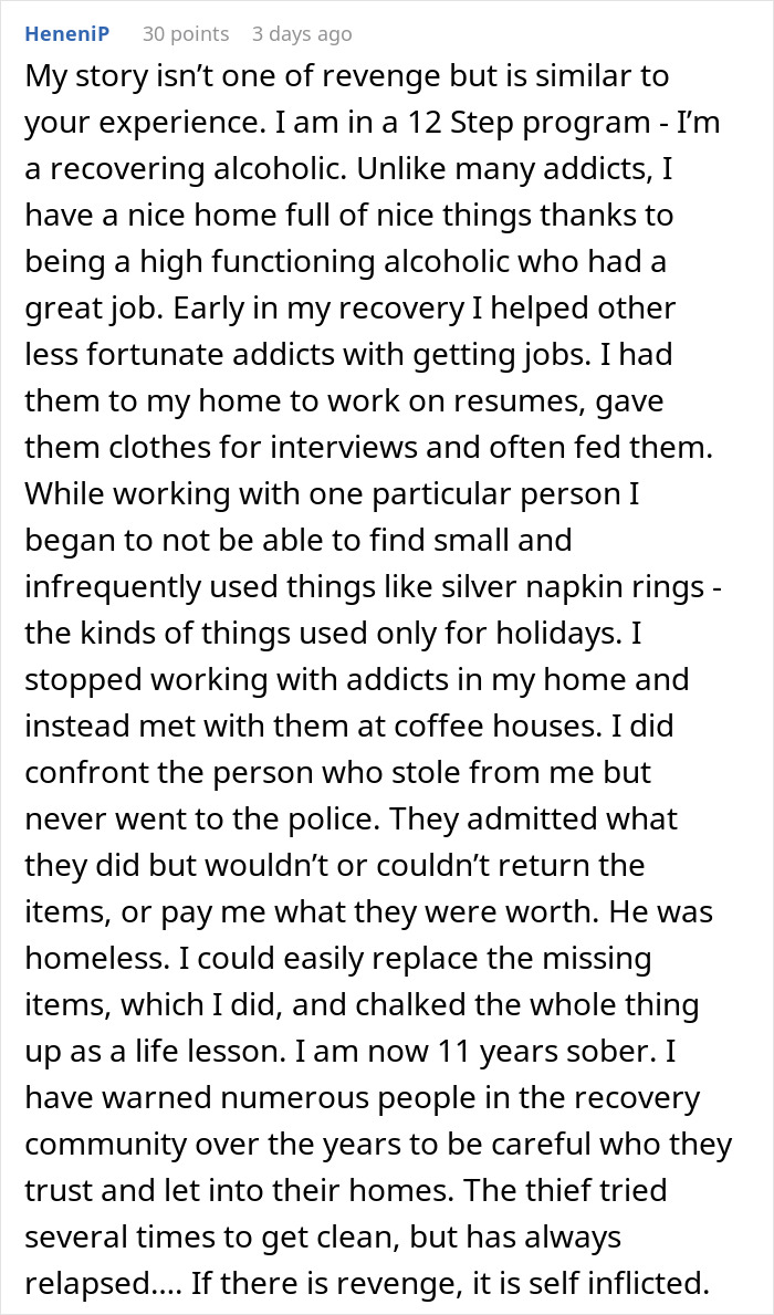 Screenshot of a Reddit comment sharing a story about recovering from theft and lessons learned about trust and revenge. - 87