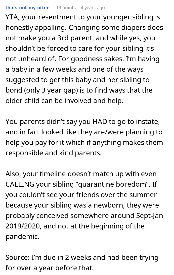 Reddit comment discussing teen refusing to be live-in babysitter and parents' responsibility in caregiving roles. - 40