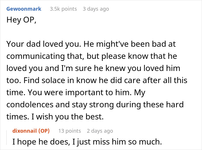 Reddit conversation discussing love and loss related to a dad leaving a storage unit in his will.