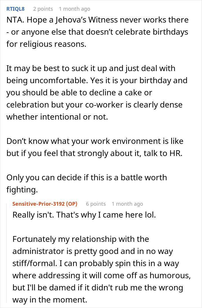Reddit conversation screenshot discussing an annoyed worker birthday cake and workplace celebration discomfort. - 24