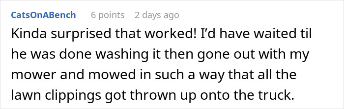 Screenshot of online comment describing petty revenge involving driveway blocking and a truck covered in lawn clippings. - 19