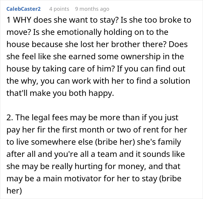 Comment discussing family drama over inheritance as man&rsquo;s aunt lives rent-free in his dad&rsquo;s house, seeking a peaceful solution.