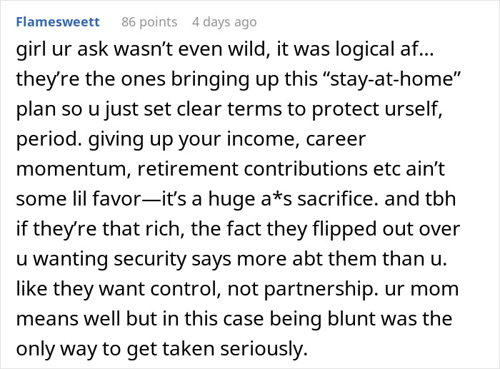 Comment discussing in-laws demanding a woman quit her job, calling it emasculating, with her logical clapback. - 26