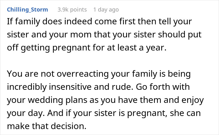Bride refuses to move wedding despite sister's possible pregnancy, standing firm on her wedding plans and celebration day. - 12
