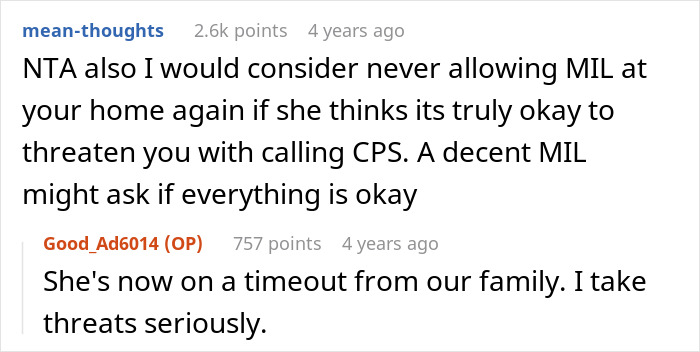 Reddit conversation discussing a mother who lets family live in filth to teach a lesson, highlighting serious family threats.