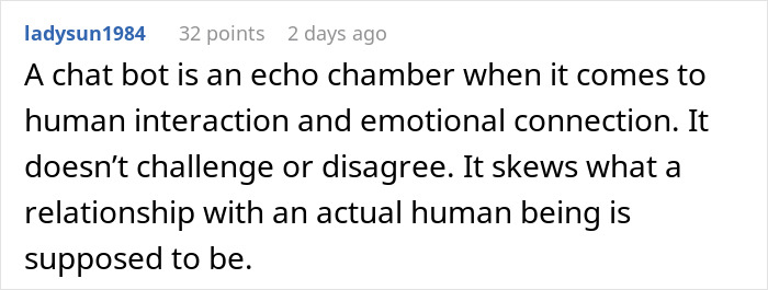 Comment about chatbot echo chamber and how it affects emotional connection in relationships with AI girlfriends. Comment about chatbot echo chamber and how it affects emotional connection in relationships with AI girlfriends.
