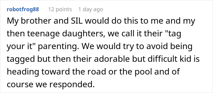 Comment about sister using woman as babysitter causing her to leave friend's party without saying goodbye, reflecting frustration. - 23