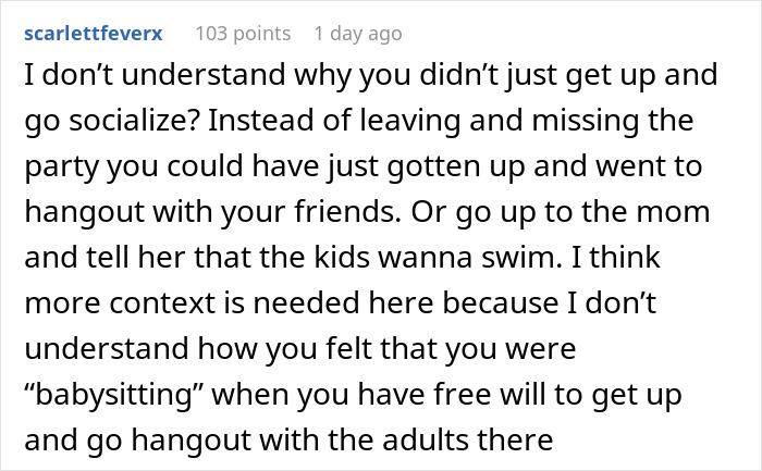 Comment discussing a woman leaving a friend's party without saying goodbye after being used as a babysitter by her sister. - 17