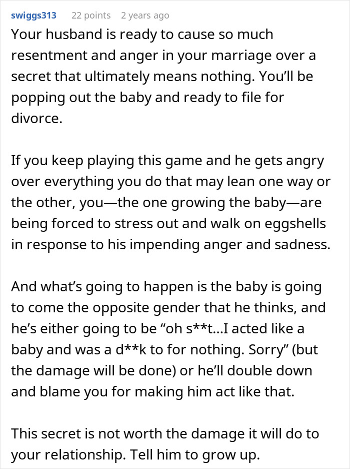 Comment discussing a husband throwing a fit over potential spoiled gender of their baby causing relationship stress.