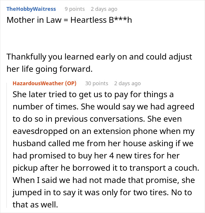 Screenshot of a Reddit conversation about a heartless mother-in-law demanding payment amid fears husband is lost at sea. Screenshot of a Reddit conversation about a heartless mother-in-law demanding payment amid fears husband is lost at sea.