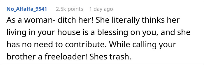 Screenshot of a social media comment criticizing a brother’s girlfriend for calling teen a freeloader while they work two jobs.