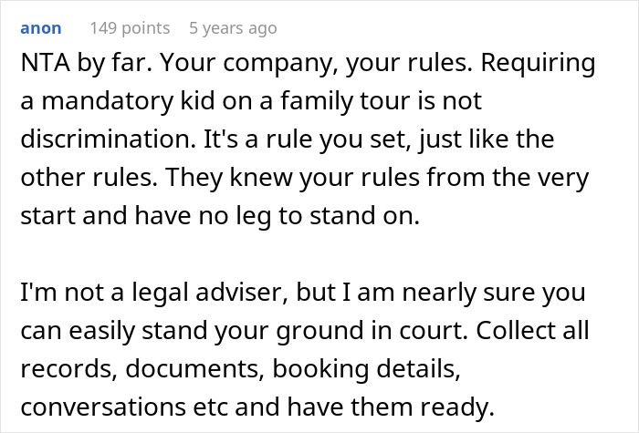 Screenshot of online comment supporting a tour company’s rules amid bad reviews after turning away childfree couples from family tours. - 47