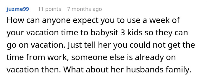 Screenshot of a user comment debating the fairness of expecting a childfree sister to babysit three kids during a vacation.