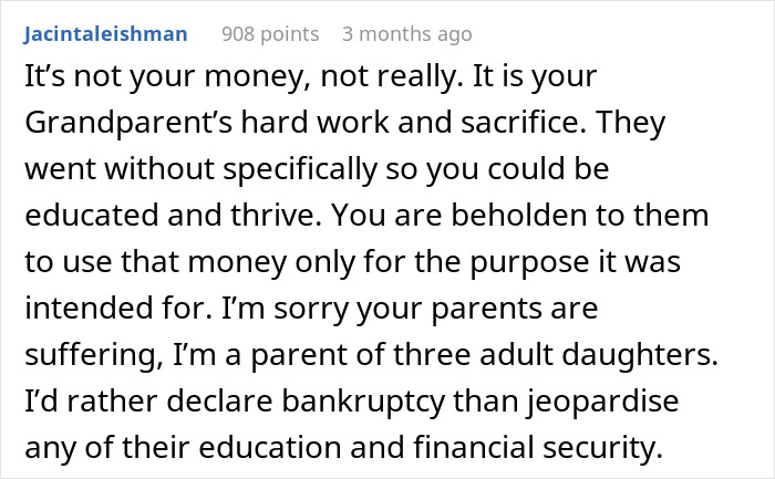 Screenshot of a Reddit comment about a teen refusing to sacrifice her future for parents’ financial mistakes. - 12