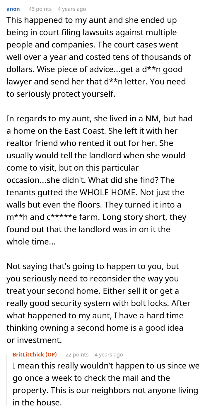 Comment discussing neighbors treating driveway like backyard and homeowner reaching boiling point over property issues.